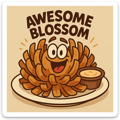 cartoon style awesome blossom dish from Chili's menu, golden-brown deep-fried blooming onion with a side of dipping sauce, playful and vibrant, exaggerated features sticker