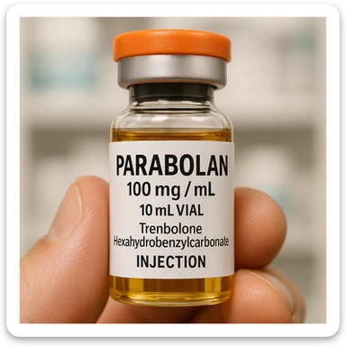 Create a realistic zoomed-in image of the vial with clear details of the vial and the label. The label should have the name 'Parabolan' clearly readable. The background should be neutral or a blurred pharmacy setting. Focus on realism and clarity of the vial and label. sticker