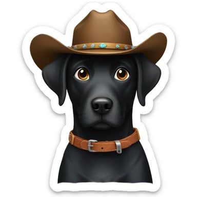 A black lab dog with a cowboy hat sticker