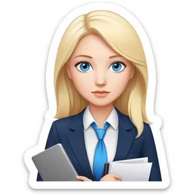 Blonde woman with blue eyes and large breasts, wearing a business suit with a bold neckline. Confident and cold. Foreign Trade Manager with a laptop or documents in hand. Smart, sexy, in control. sticker