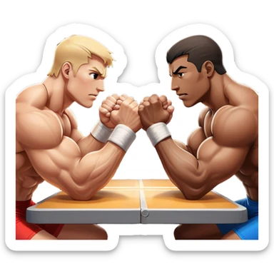 Two athletes engaged in an intense arm wrestling match, their muscles straining as they battle for dominance. The scene captures the powerful clash of strength, with close-ups on the hands locked in a firm grip, sweat glistening under bright lights. The background features a wrestling table. sticker