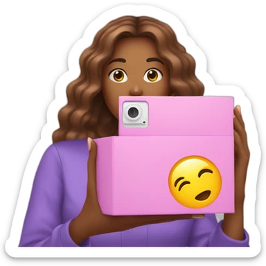 influencer taking a picture of herself holding a bright box in her arms sticker