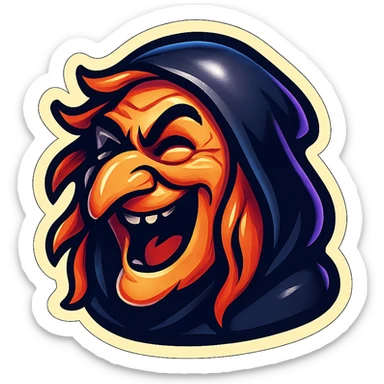 cartoon emoji of cackling witch with hooked nose, wild hair, dark hood, fun expressive style sticker
