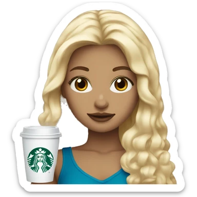 blonde girl blue eyes with Starbucks cup drink sticker