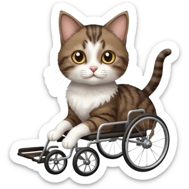 full body small short hair dark brown and white cat with hazel eyes walking in a wheelchair for cats sticker