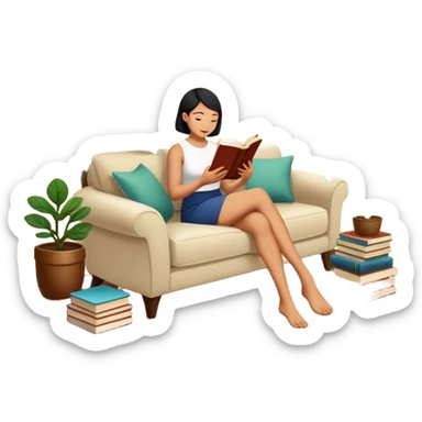 Asian woman is reading a book in the living room that crowded Fiddle Fig and tons of books sticker