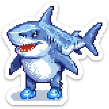a shark with three legs, last leg near the back fin, wearing blue Nike shoes, closed mouth, pixel art style sticker