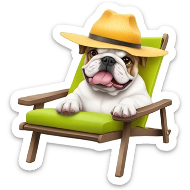 English bulldog sitting in a lawn chair, wearing a wide brim hat and drinking a fruity cocktail  sticker