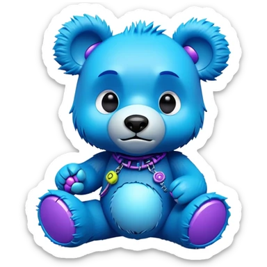 3D, adorable little Pixar style blue neon punk bear with a broken toy, ultra detailed, each lash, eye, and strand of fur is shown in stunning detail as though captured in a timeless photograph, rich textures, visually rich, so lifelike it feels like it could leap off the page at any moment sticker
