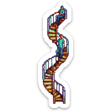pixel art showing a surreal hybrid of a human and a staircase, with the staircase spiraling around or through the person’s body sticker