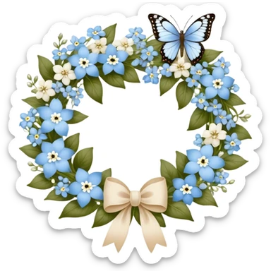 A delicate floral wreath woven from baby blue forget-me-nots and white jasmine, tied together with a velvet ribbon in creamy beige. A pearl-colored butterfly with intricate, lace-like wings rests atop the wreath, completing the picture of timeless elegance sticker