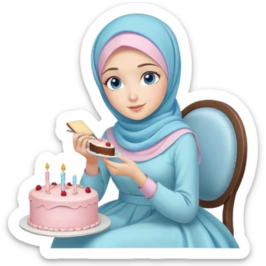 Turkish beautiful finish Konya girl blue eyes with pastel hijab long tail dress and sits on the chair and holds cake with her hand  sticker