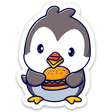penguin eating a large hamburger sticker