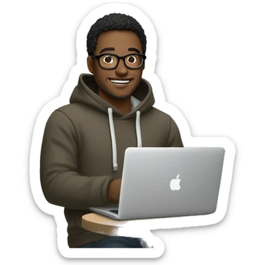 a designer in glasses and a hoodie holds a mac book in his hands sticker