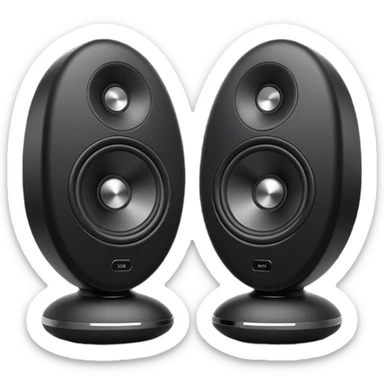 pair of big speakers emoji, deep matte black metal body, circular speaker cones with subtle depth, smooth rounded edges, minimalistic futuristic 3D style, luxury aesthetic sticker