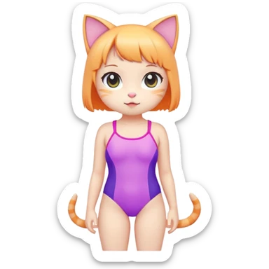 Cute short cat girl character with big head in a colorful swimsuit, kawaii style sticker