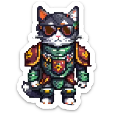 cat wearing sunglasses in Warhammer 40,000 inspired armor sticker