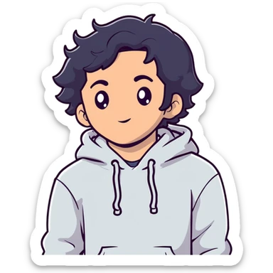 handsome young man with wavy black hair, black eyes, no beard or mustache, wearing a white hoodie, cartoon sticker style sticker