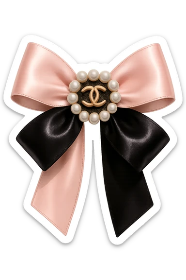 Remove the background, keep only the elegant bow with pearls and gold Chanel logo, glossy, pastel colors, realistic style, with no background. black pink sticker
