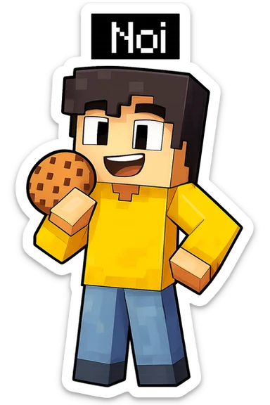 Extract the character Noi from the group image in Minecraft cartoon style, keeping only Noi with a transparent background. Preserve the Minecraft cartoon style look. sticker