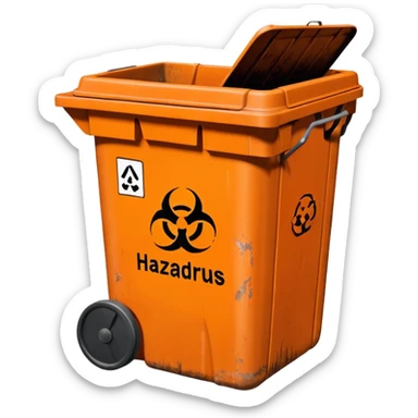 empty orange BIN WITH "HAZARDOUS WASTE" WORD IN IT. CORRECT SPELLING PLEASE sticker