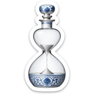 blue and white, intricate, porcelain, hourglass shaped tequila bottle with silver half circle top sticker