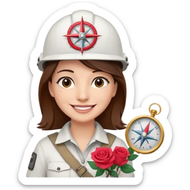 Arquitecta ojos marrones oscuros pestañas pelo marron por los hombros sonrie casco blanco compás y rosa sticker