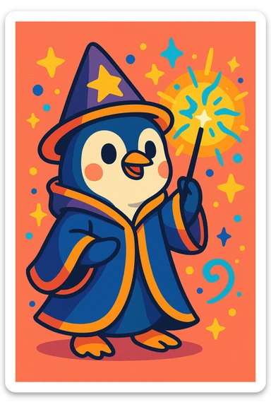 cute penguin wizard casting a spell, wearing a robe and holding a wand, colorful cartoon style sticker
