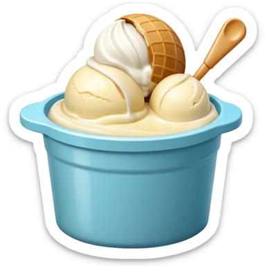 ice cream in a small round tub with lid off, creamy scoop of ice cream inside, rich glossy texture, classic flavor, minimal unbranded tub, soft lighting, no spoon or toppings, no faces, emoji scale sticker