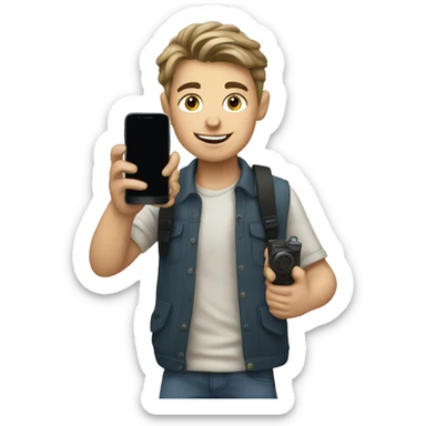 European boy takes pictures with his cell phone sticker