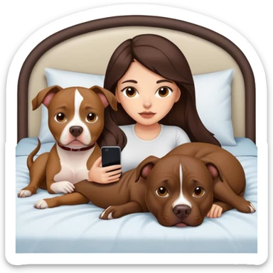 Girl long dark brown hair lays on her bed with her cell phone and her brown pit bull lays guarding her sticker
