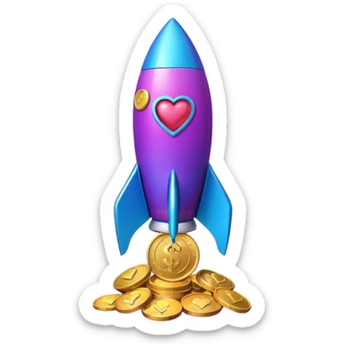 3D rocket with coins and hearts, purple blue gradient, glossy, transparent background sticker