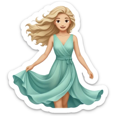 A woman in a flowing dress by the ocean, wind in her hair, a serene and confident smile. sticker