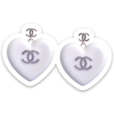 3D emoji-style heart-shaped earrings in white with a silver Chanel logo in the center, elegant sticker