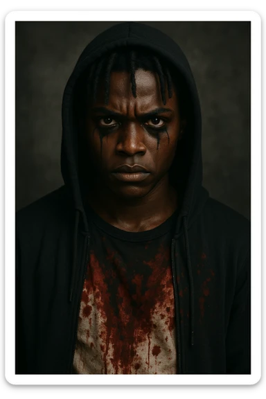 A brown dark-skinned character with short dreadlocks, black mascara streaks under brown eyes, dressed in a black hoodie, blood visible on the shirt. sticker