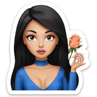 Glamours, tanned, very beautiful girl, with big pump peach-beige-rose lips, eyeliner, long long lashes, black straight smooth silky long hair, straight parting hair, blue-grey eyes, black bodysuit long-sleeves sticker