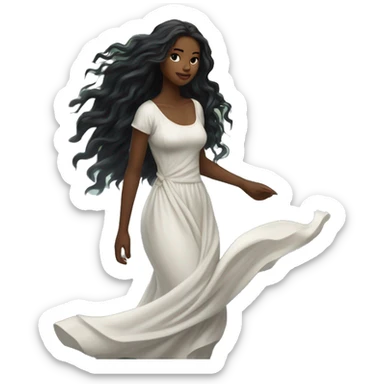 Black long hair flowing in the wind  girl white skin in river long laced dress sticker