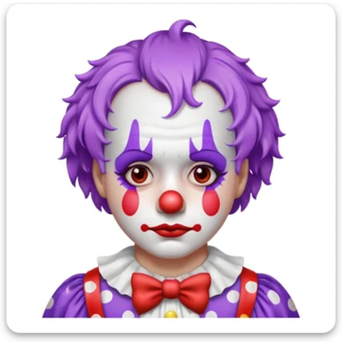 ID photo of a sad clown emoji, white face paint, red nose, classic makeup, multiple tears, short curly pastel purple hair, polka-dotted costume in soft tones, glossy highlights, centered, white background sticker
