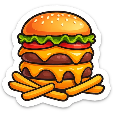 Add fresh green lettuce and juicy red tomato slices to the cheeseburger, keeping the cartoon emoji style, high detail, bright colors, and appetizing look. sticker