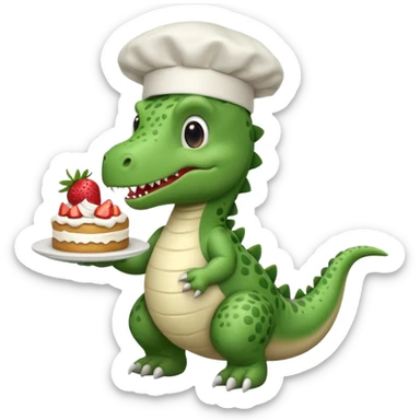 quiero un dinosaurio divertido para niños con delantal y gorro de chef y en la mano una tarta sticker