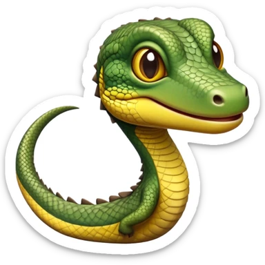 cinematic-realistic-cute-monitor-lizard-portrait-emoji,-head-tilted-playfully-and-inquisitively,-featuring-a-compact,-agile-body-with-finely-detailed,-glossy-scales-in-earthy-olive-hues-and-a-distinct,-alert-face-with-bright,-curious-eyes, yellow and dark green scales sticker