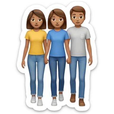 based on emoji style, two people walking together. one is brown-haired woman, wearing a shirt,  Another one is a non-binary person, wearing t shirt and jeans, and the second person doesn't have anything on their hands. They are not holding hands sticker