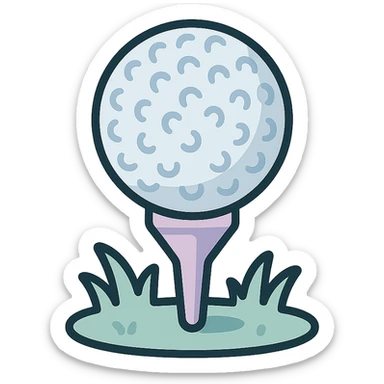 golf ball on a tee stand with soft grass detail, icon-color-outlined style, detailed shading, thin clean outlines, soft rounded features, pastel palette #98B5BC #B5B3C1 #C9A3C9 #E4C0CA #F7DCD1 #F7C0AA, Japanese pop art, sticker look, highly detailed, vector clarity, soft lighting, subtle shadows, transparent background sticker
