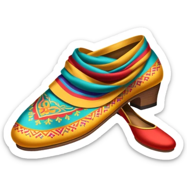 Humanless Icon for Folk Dance: traditional folk dance shoes, a colorful scarf, and a vibrant dance floor. The icon should capture the energy and cultural richness of folk dancing, with emphasis on movement, rhythm, and traditional attire. Transparent background. sticker