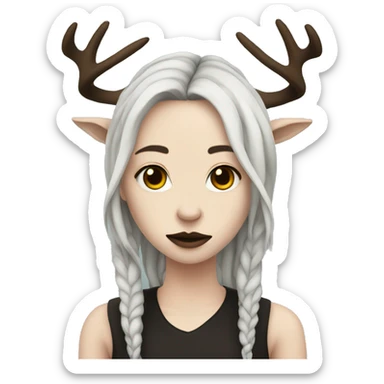 Portrait. Goth, deer girl. She has deer ears and antlers. Long brown dreadlocks. White skin sticker