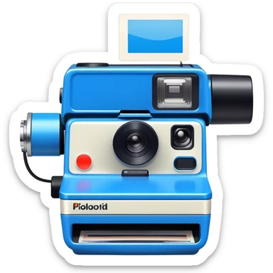 blue polaroid camera with photo dispensing sticker
