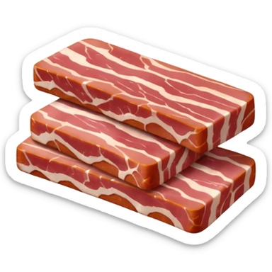 raw bacon lardons, small pile, thick short strips, rectangular chunks, pinkish-red meat, white fat, clean moist surface, natural marbling, irregular cuts, no pan, no herbs, no background, no faces, clean 3D, soft shadows, transparent background, emoji scale sticker