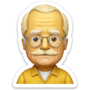 A 3D cartoon close-up of Grandpa Abe Simpson from The Simpsons, rendered in Memoji-style with bald yellow head, white tufts of hair on the sides, wrinkled face, glasses, and warm lighting. Match the Simpsons family color tone and style, yellow dress. sticker