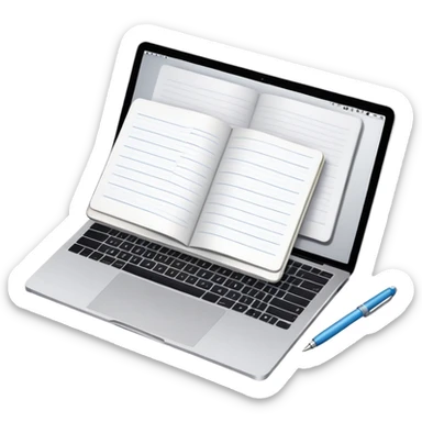 top view of a MacBook, open notebook with notes, and pen beside them sticker