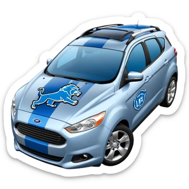 Compact Ford car emoji with Detroit Lions theme, blue and silver stripes, lion paw prints, football on the roof sticker